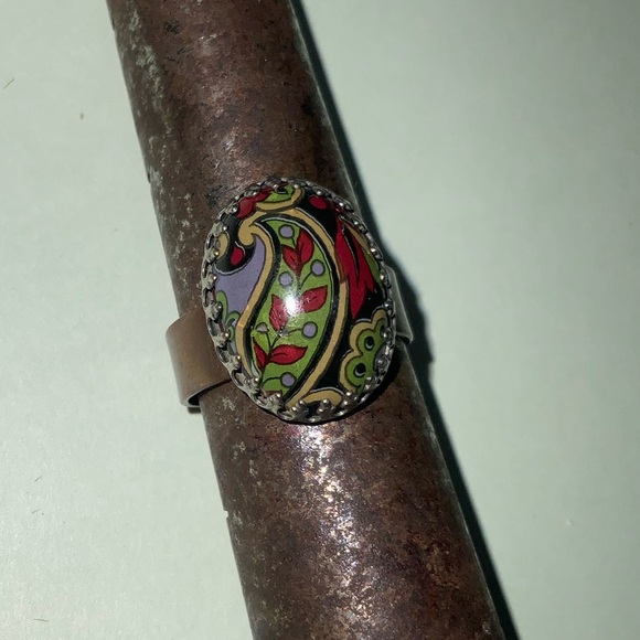 Vtg Antique Copper Multicolor Paisley Cabochon Ring in Beveled Setting Sz 7 - Picture 2 of 16